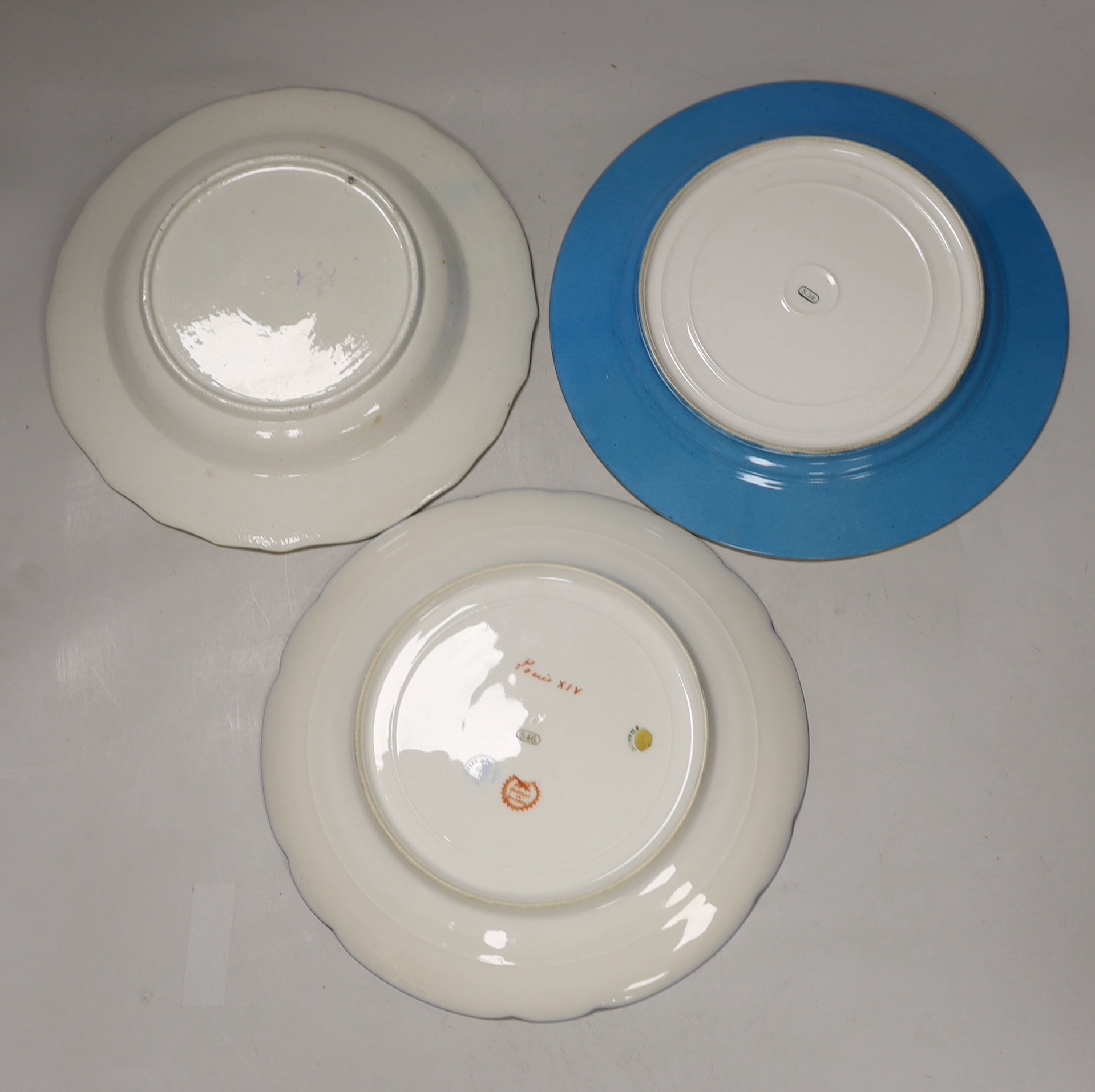 Five 19th century Sevres style porcelain plates or dishes, largest 24cm